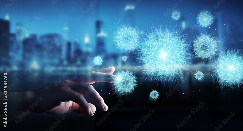 Poster Man analyzing coronavirus with digital holographic projection close-up 3D rendering
