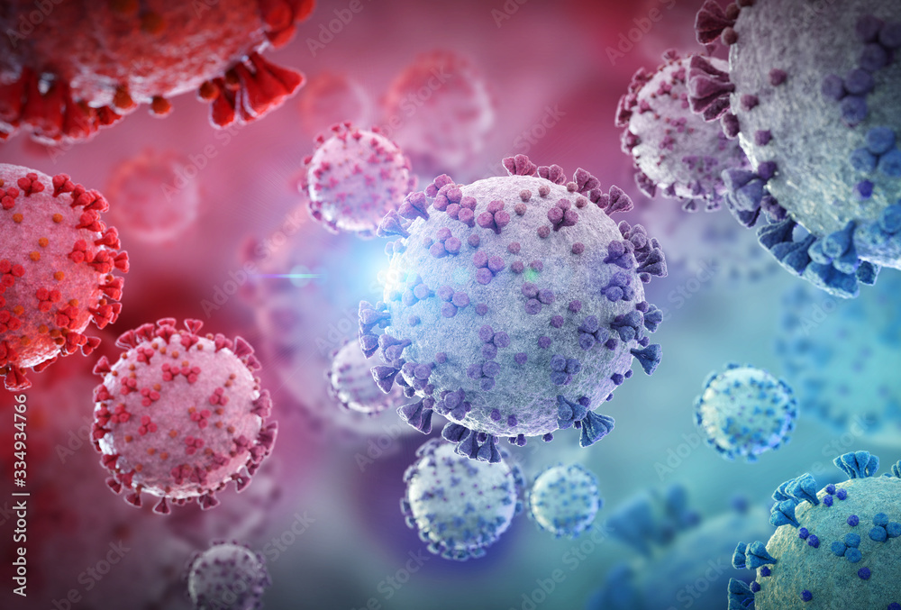 Poster 3d rendering of the coronavirus on a microscopic level. microscope close-up of the covid-19 disease.