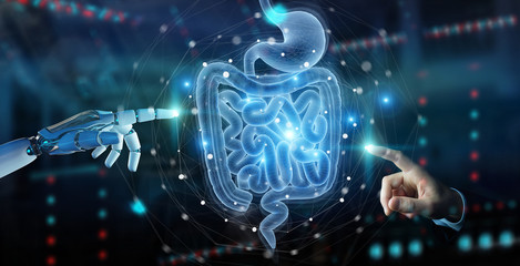 Robot using digital x-ray of human intestine holographic scan projection 3D rendering