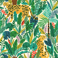 Materiał do szycia Cheetah with palm leaves exotic seamless pattern. Summer paradise in tropical jungles with wild animals, and fantastic florals.