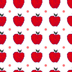 Red apple seamless pattern. Hand drawn abstract apples fruit. Cute doodle background for kitchen and food design.