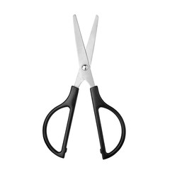 Silver metal open scissors with black plastic handles on white background isolated close up, steel cutting tool for paper, fabric clippers, haircut shears, tailor pair of scissors, nobody