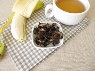 Banana peel tea, a cup of tea from dried organic bananas peels