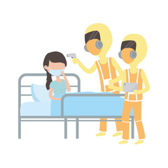 covid 19 coronavirus pandemic, doctors with protective suits and patient checking temperature quarantine