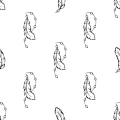 Seamless pattern of feathers in random order. Hand drawn bird plumes for banner design, scrapbooking paper, wrapping. Stock vector illustration isolated on transparent background.