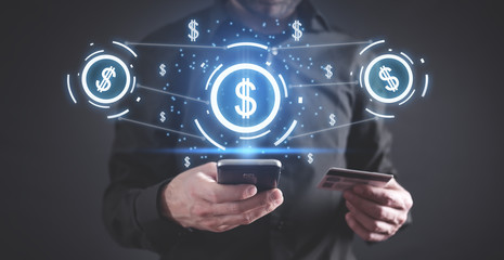 Man using smartphone. Dollar symbols. Network. Internet banking