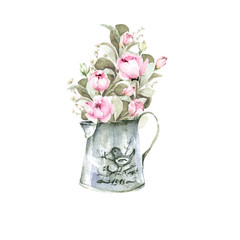 Hand painted watercolor set - bouquet with roses, peony and foliage in metal jug. Romantic floral rustic set perfect for fabric textile, vintage paper or scrapbooking