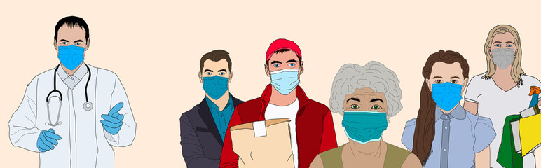 Group of people wearing medical masks to prevent disease, flu, air pollution, epidemic, covid-19, coronavirus. illustration in a flat style
