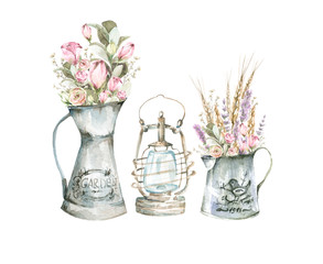 Hand painted watercolor set - lantern and bouquets with hydrangea, lavenders and foliage in metal jugs. Romantic floral rustic set perfect for fabric textile, vintage paper or scrapbooking