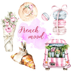 French set - croissant, macaroon, bouquet of flowers, hat