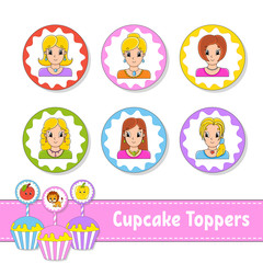 Cupcake Toppers. Set of six round pictures. Lovely smiling girls. Cartoon characters. Cute image. For birhday, party, baby shower.
