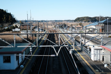 Pedestrians only Traffic sign in Japan. Japan railway train tracks in countryside, High angle view from the train station.