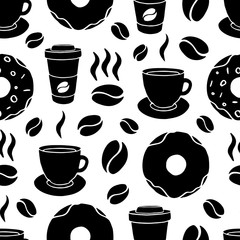 Seamless vector pattern with takeaway coffee, tea, cappuccino, espresso, latte, donut, coffee beans. Flat pattern with drinks for a cafe, coffee shop, coffeehouse, bakery, pastry shop, confectionery