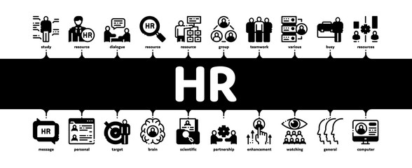 Hr Human Resources Minimal Infographic Web Banner Vector. Hr Management And Research, Strategy And Interview, Brainstorm And Disscusion Illustrations