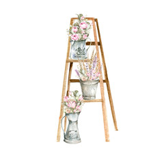 Hand painted watercolor set - wooden ladder with bucket and jug with pink flowers-peony and leaves. Provence style