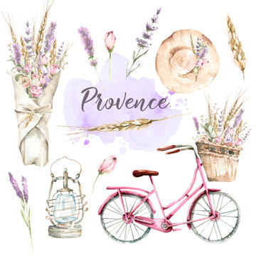 Hand painted watercolor provence set - hat, a bouquet of lavender flowers, roses, ears, lantern, pink bicycle with a basket of flowers, watercolor stain.