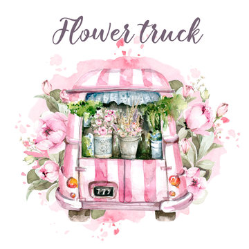 Hand painted watercolor set - pink car truck with flowers on the background of watercolor stain. Provence style