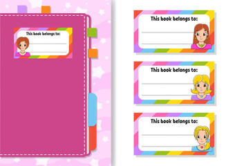 Book label stickers for kids. Beautiful girls. The rectangular shape. Isolated color vector illustration. Cartoon character. For the diary, notebook, book.