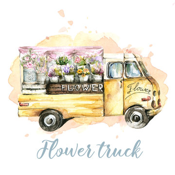 Hand Painted Watercolor Set - Pink Car Truck With Flowers On The Background Of Watercolor Stain. Provence Style