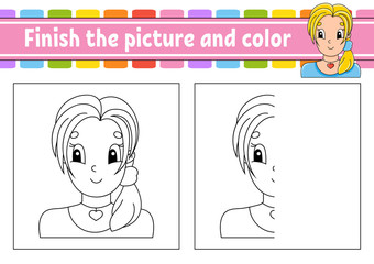 Finish the picture and color. Beautiful cute fashionable girl with jewelry. Cartoon character isolated on white background. For kids education. Activity worksheet.