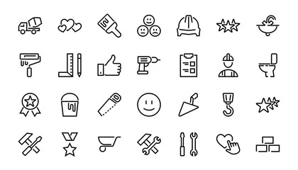 Fototapeta premium Set of construction icons, simple vector lines, contains the following icons: builder, roller, hammer with wrench, toilet bowl and much more. Editable stroke. 48x48 pixels perfect, white background