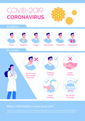 Epidemiological coronavirus informational poster: symptoms, prevention. Vector. Cartoon flat illustration.