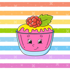 Berry cake in glass. Colorful vector illustration. Cartoon character. Isolated on color background. Design element. Template for your design.