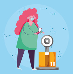 woman with smartphone and delivery weight with box ecommerce online shopping covid 19 coronavirus