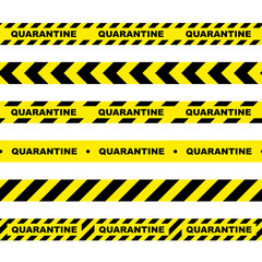 Seamless horizontal signal tape. Yellow warning tape with text Quarantine. Yellow black isolated alarm tape on white background.