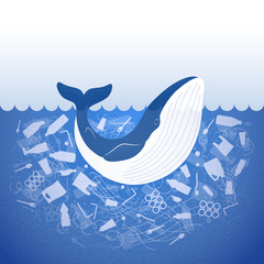 Stop ocean plastic pollution. Ecological poster whale in water with white plastic waste bag, bottle on blue background. Whale in garbage. Flat design.