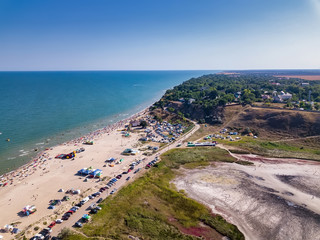 Curortnoe sea spit resort in Odessa region in Ukraine. Aerial view of beach and sea.