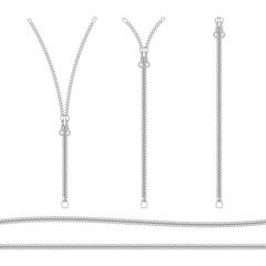 Set of black isolated zip fastener on white background. Lock and unlock line zipper. Two seamless outline zip fastener. © olkita