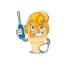 cartoon character of orange ice cream worked as an automotive
