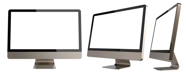 Set of Different Angles of Empty PC Monitors Isolated on White Background. 3D Render of Metallic Modern Sleek Screens.