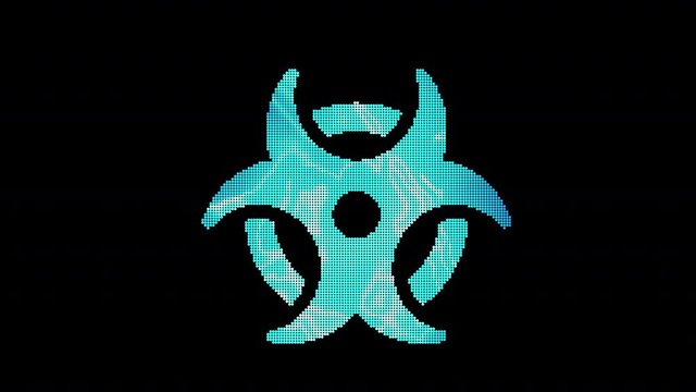 The symbol biohazard is assembled from small balls. Then it shimmers with blue. It crumbles and disappears. In - Out loop. Alpha channel Premultiplied - Matted with color black