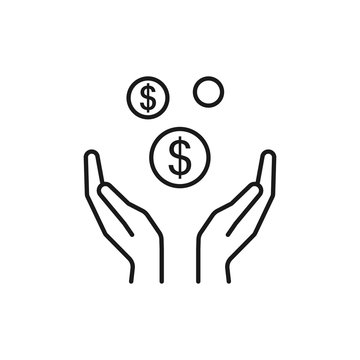 Isolated line icon of some coin, money in two outline hands on white background. Symbol of cash charity investment wealth, payment. logo flat design.