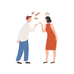 Cartoon couple scream each other having conflict vector flat illustration. Quarrel of annoyed colorful man and woman isolated on white background. Female and male character shouting