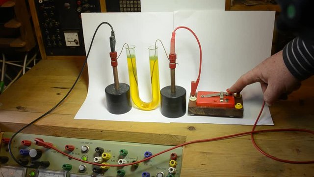 Salt water in a U tube, with Methylene Orange added as indicator. When the electrolysis starts, OH- ions build up at the negative electrode (black wire) which causes the indicator to turn deep blue.