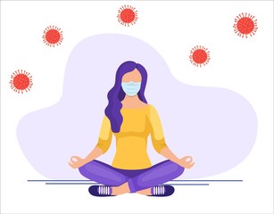 Fototapeta na wymiar Coronavirus 2019-nCoV quarantine. woman doing yoga or meditation at home in mask. Self-isolation period at home stayhome. Healthy lifestyle and home yoga concept. Vector illustration in flat style