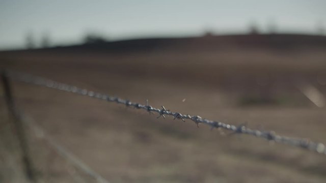 Rack focus from a barbed wire fence to a dry, barren farm paddock