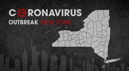 Covid-19 coronavirus epidemic in New York City in the USA - map of New York on black with texture