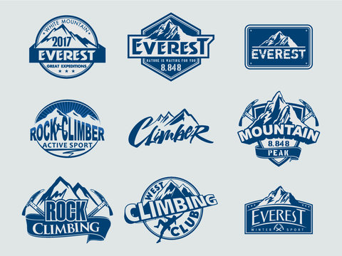 Set of vector logos and labels for mountaineering. Sports emblem of rock climbing. Everest in the Himalayas outdoor adventure icon. Trekking, Hiking. Active sport
