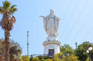 Santiago, Chile, Statue of the virgin Mary on San Cristobal hill.  The snow-white statue of the...