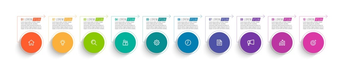 Minimal Business Infographics template. Timeline with 10 steps, options and marketing icons .Vector linear infographic with ten conected elements. Can be use for presentation.