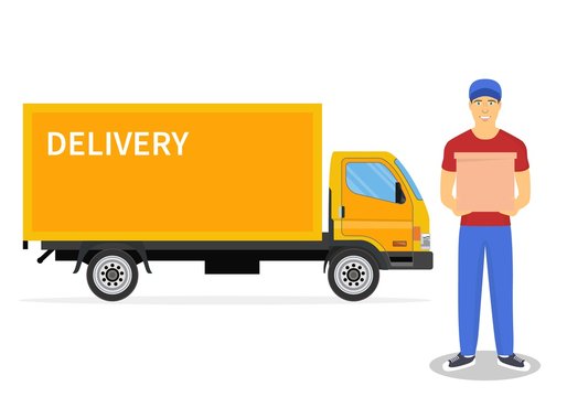 delivery truck van, courier and cardboard boxes with fragile signs isolated on white background. Online delivery service concept. delivery home and office. Vector illustration in flat style