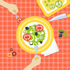 Person Eating Fresh Healthy Vegetarian Salad, Top View Vector Illustration