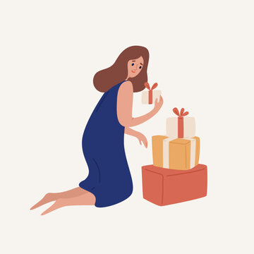 Happy cartoon woman disassemble heap of gift box with ribbon vector flat illustration