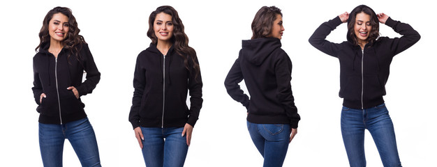 Beautiful girl in a black sports suit. Front view, side view. Sweatshirt mockup template