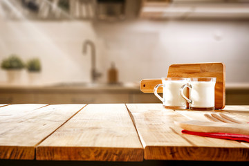 desk of free space and kitchen interior 
