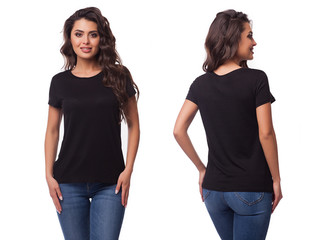 Mockup of a template of a black woman's t-shirt on a white background. Front view, rear view. The...